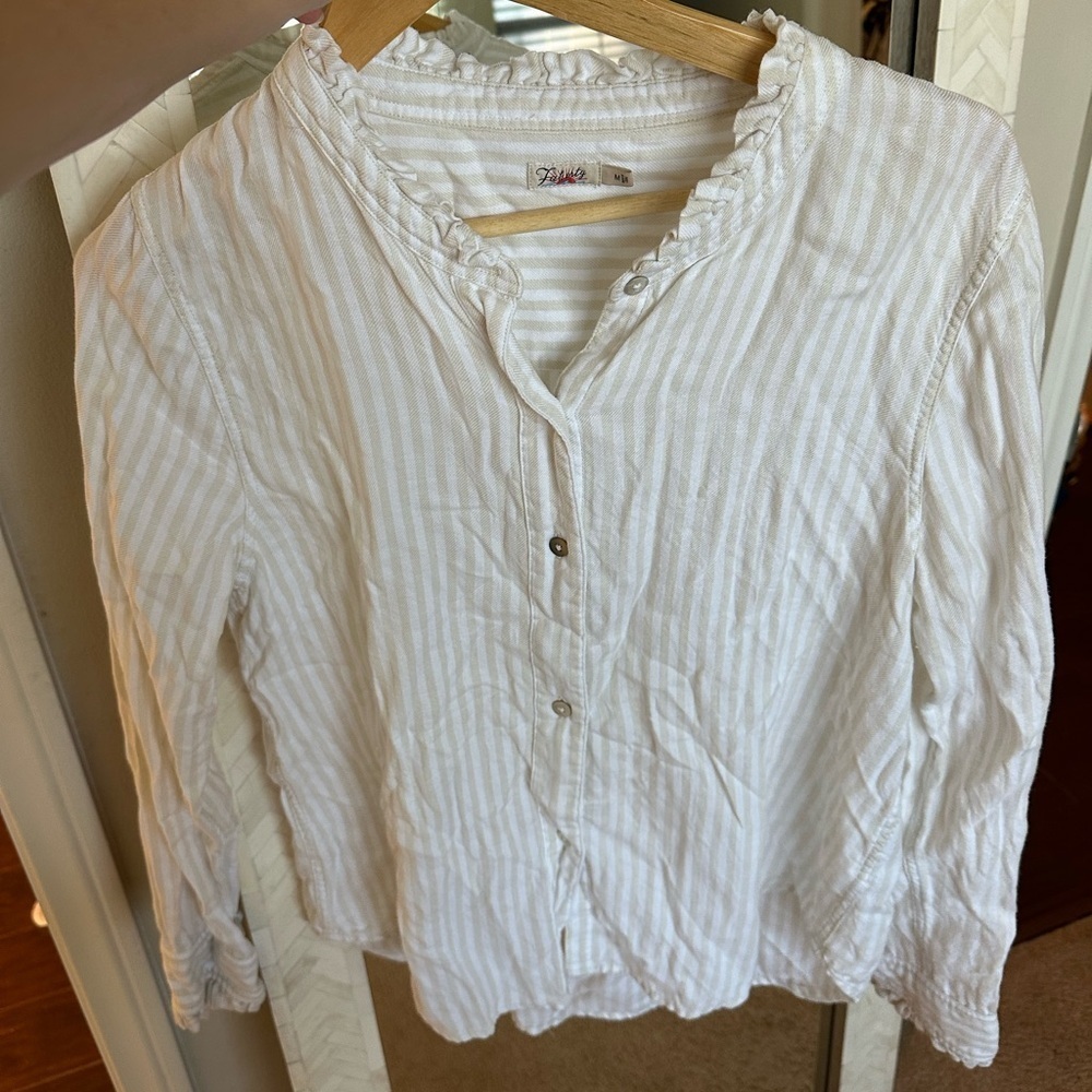 Faherty Tan Striped White Ruffled Top